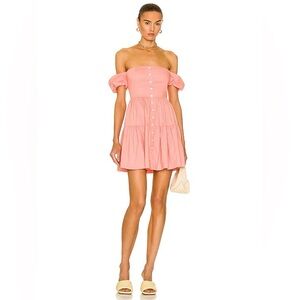 Staud Mini Elio off Shoulder Puff Dress Grapefruit Sz 12 NWT